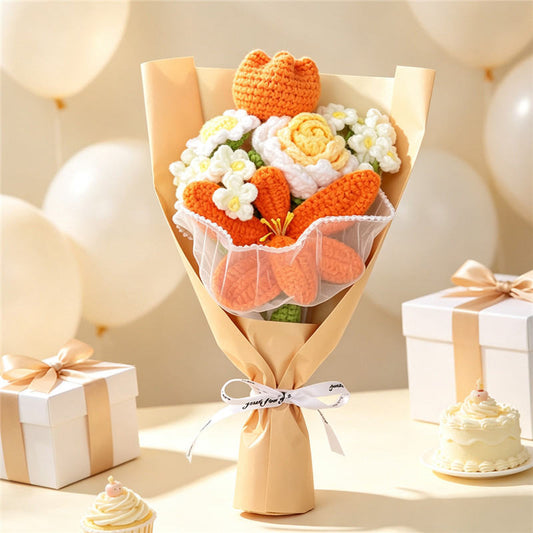 Handmade Crocheted Flower Bouquet, Orange Tulips And Lilies Matched With Roses And Tiny White Blossoms, Soft Yarn Everlasting Knitted Bouquet, Indoor Home Decorative Ornament