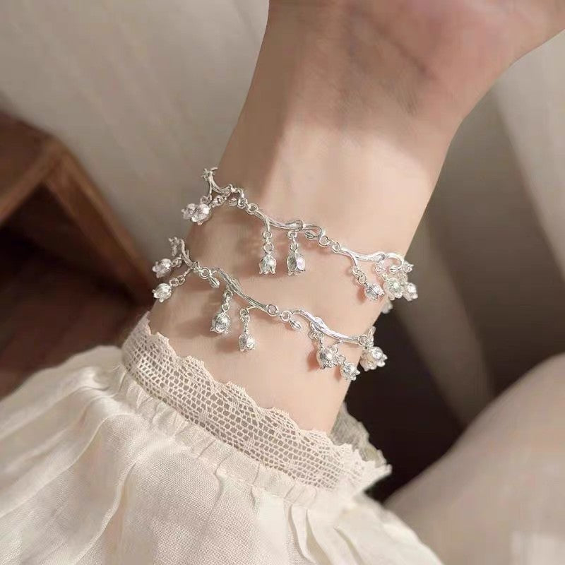 1pc 999 Sterling Silver Lily Of The Valley Charm Bracelet, Delicate Floral Style, Perfect For Daily Wear And Valentine's Gift
