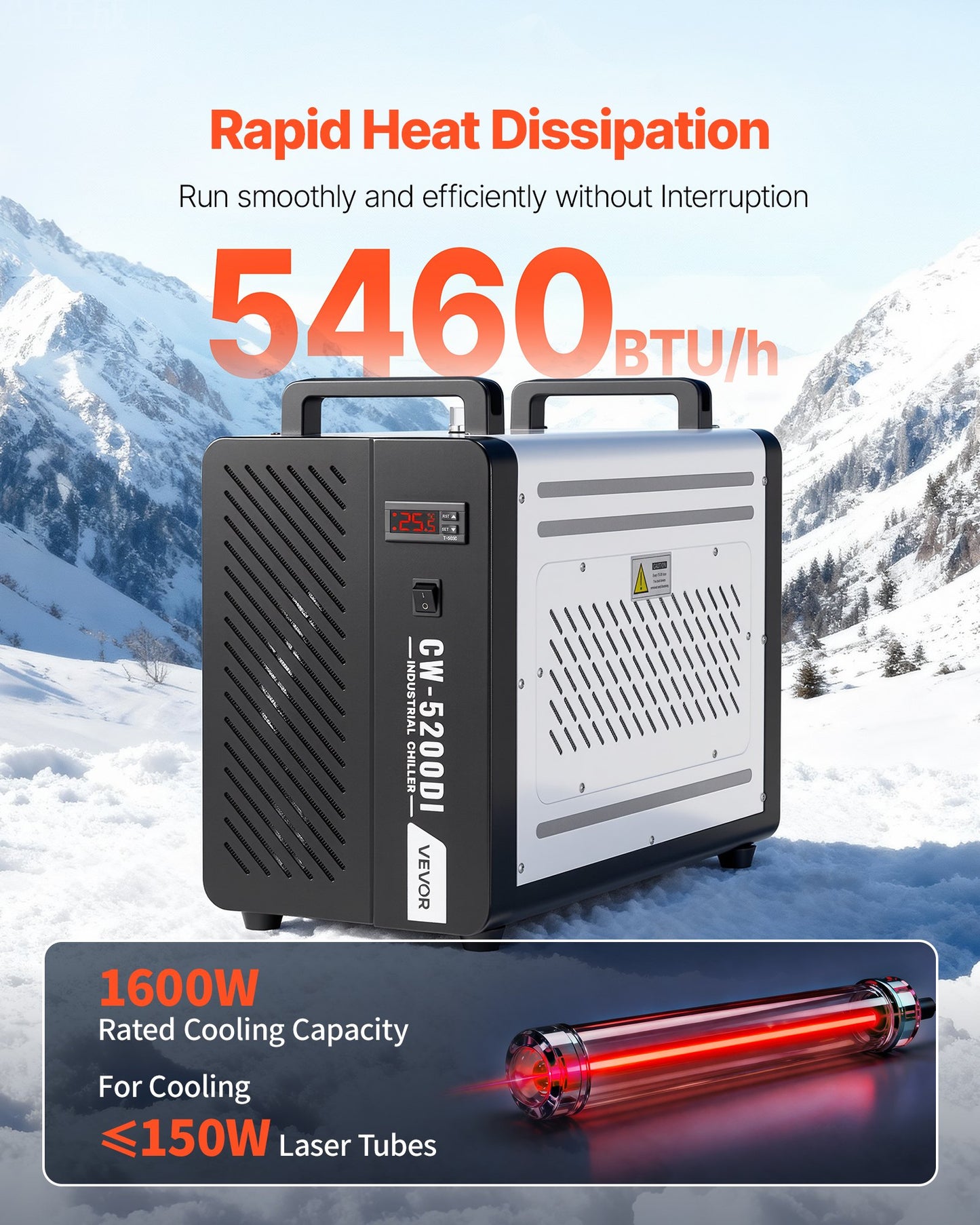 Industrial Water Chiller, 5460 BTU/h, Industrial Water Cooler Cooling System With Compressor, 4.2 GPM Max Flow, 1.8  Gal Tank Capacity, Laser Chiller, For CO2 Laser Engraving & Cutting Machine
