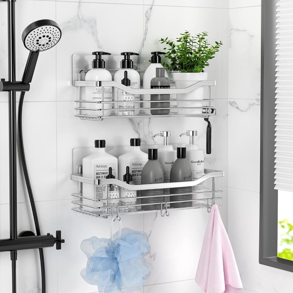 Shower Shelf With 5 Hooks; Shower Baskets For Bathroom, Kitchen, And Toilet; 2-Piece Shower Shelf Set (No Drilling Required); Stainless Steel