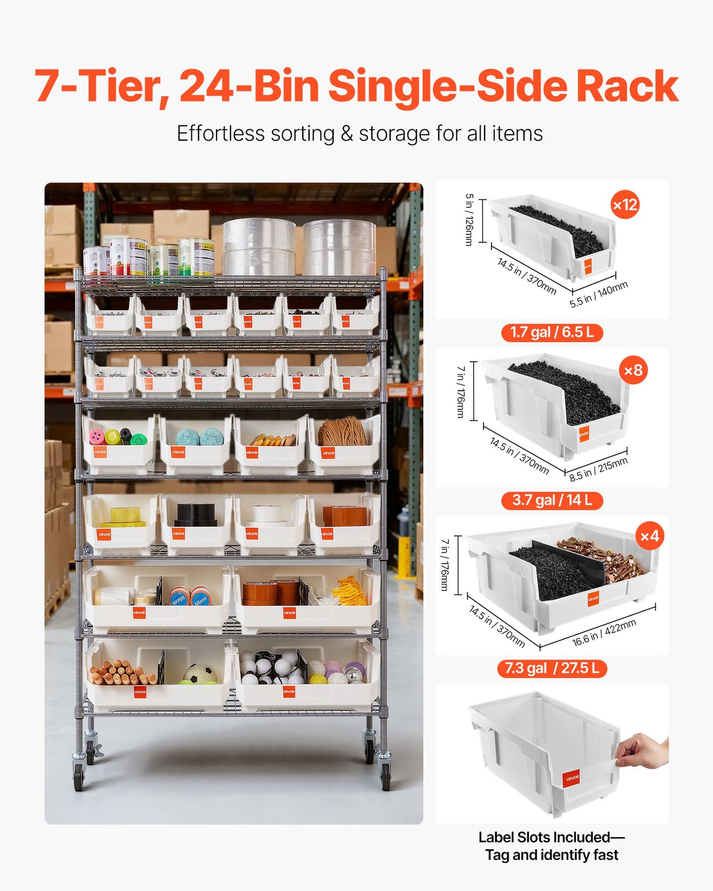 7-Tier Rolling Bin Storage Rack, 24 Organizer Bins, Bin Rack Storage Steel Wire Shelving System With Wheels, Mobile Tool Organizer For Garage, Warehouse, Office, Restaurant, Classroom, Kitchen