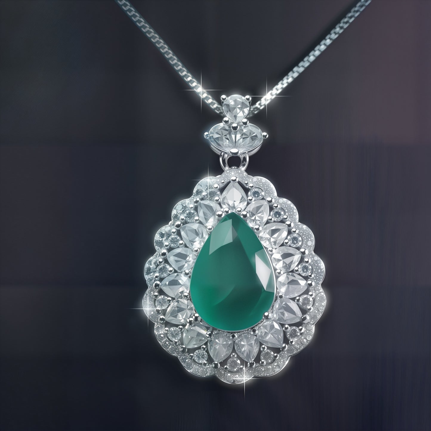 Pear Cut Simulated Emerald Double Halo Pendant Necklace For Women, Copper Plated Silver Pear Shape White Cubic Zirconia Vintage Floral Royal Bridal Wedding Statement Jewelry Gift