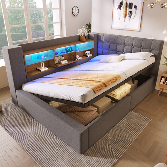 Upholstered Bed 140x200 Cm Double Bed With LED Lighting, Hydraulic Storage, L-shaped Headboard With Storage, Can Be Mounted On Both Sides, Slatted Base, Linen Fabric, Grey  Without Mattress