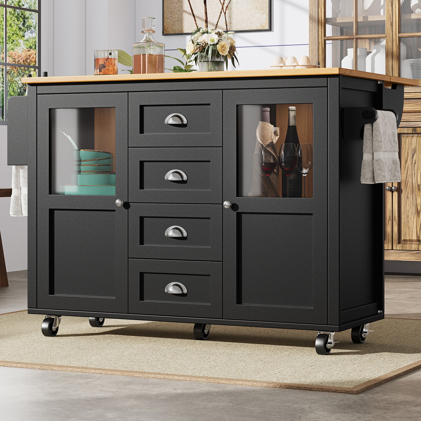 Kitchen Island, Kitchen Cabinet, Buffet Cabinet, 120x73 X93cm, Pull-Out Kitchen Cart With Wheels, Towel Rail, Spice Rack, Adjustable Shelves, Two Doors, Four Drawers, White Black
