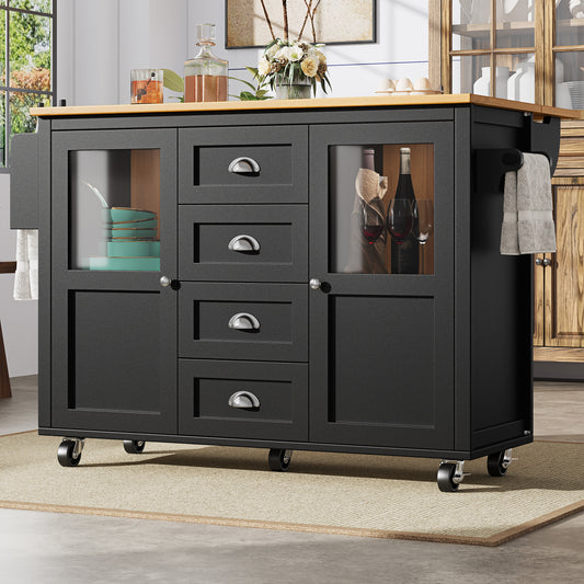 Kitchen Island, Kitchen Cabinet, Buffet Cabinet, 120x73 X93cm, Pull-Out Kitchen Cart With Wheels, Towel Rail, Spice Rack, Adjustable Shelves, Two Doors, Four Drawers, White Black