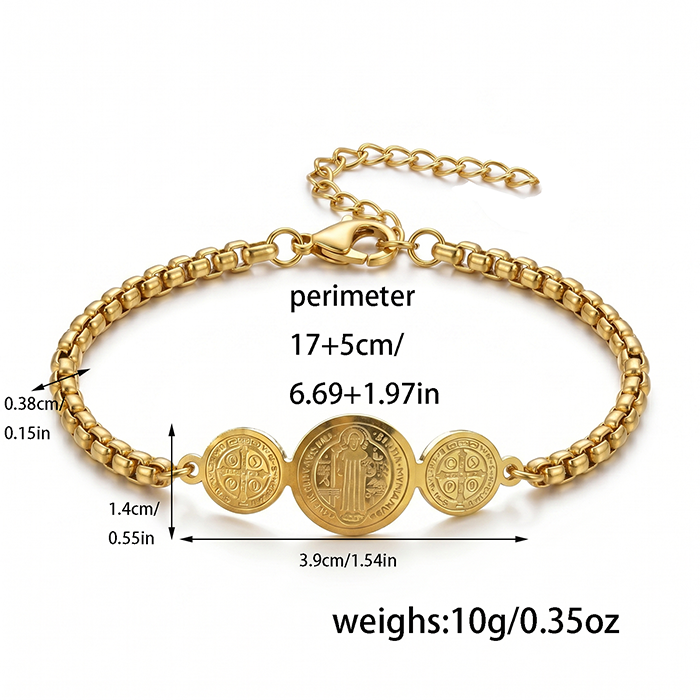 St. Benedict Medal Protection Bracelet With Message Card - 18K Gold Plated Stainless Steel Box Chain Religious Blessing Jewelry Gift For Men Women