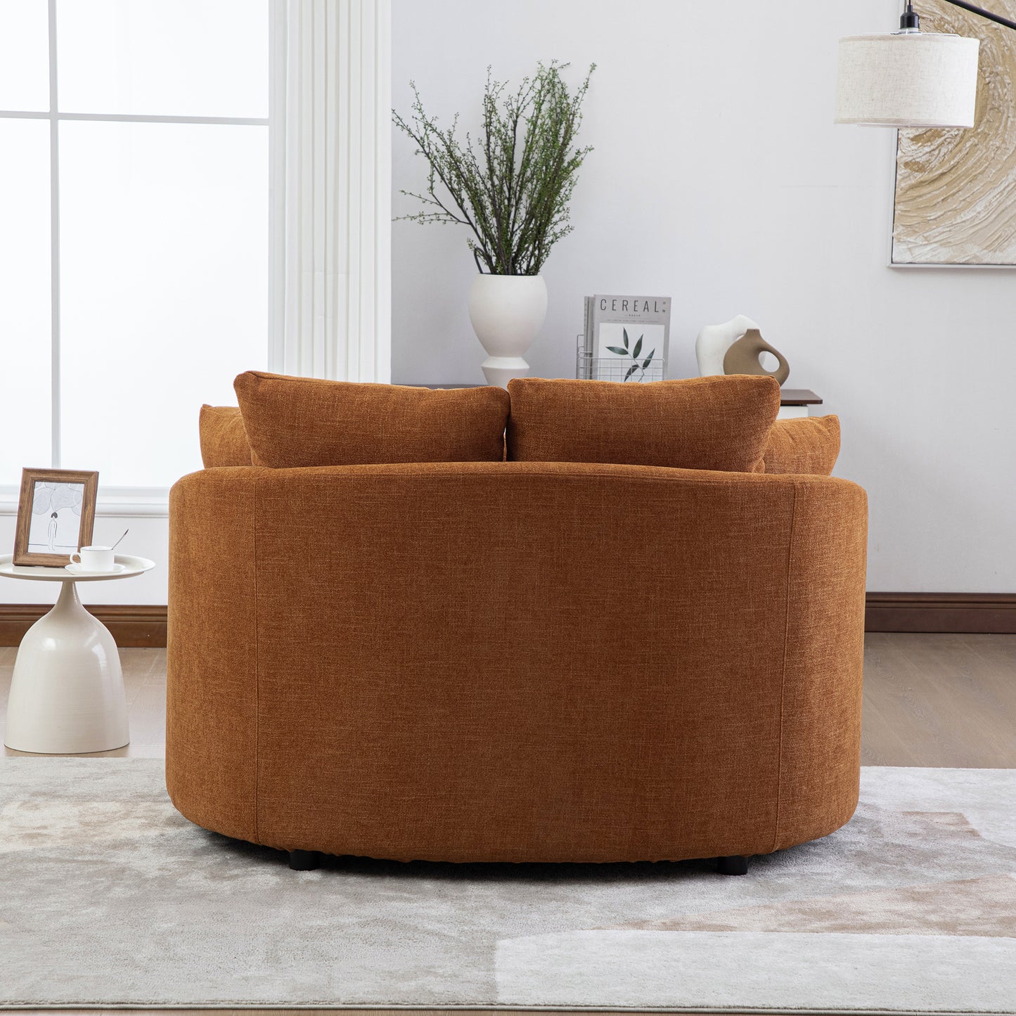 56.3  Wide Upholstered Round Accent Cuddle Chaise With Pillows, Cozy Oversized Slipcovered Barrel Lounger Chair With Deep Seat Reading Armchair For Club, Living Room, Bedroom, Office, Lounge, Orange