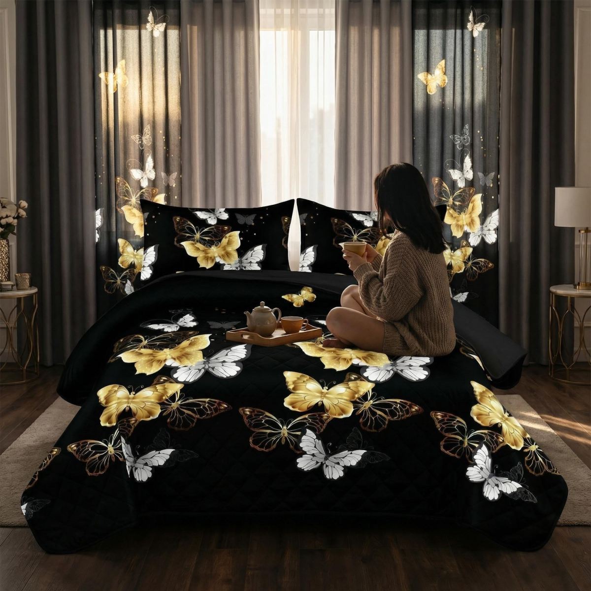 9 Piece Room In A Bag Quilt And Curtain Set, US Designer Black And Gold Butterfly Print Heavyweight Bedspread With 6 Customizable Window Panels, Pet-Friendly High GSM Coverlet