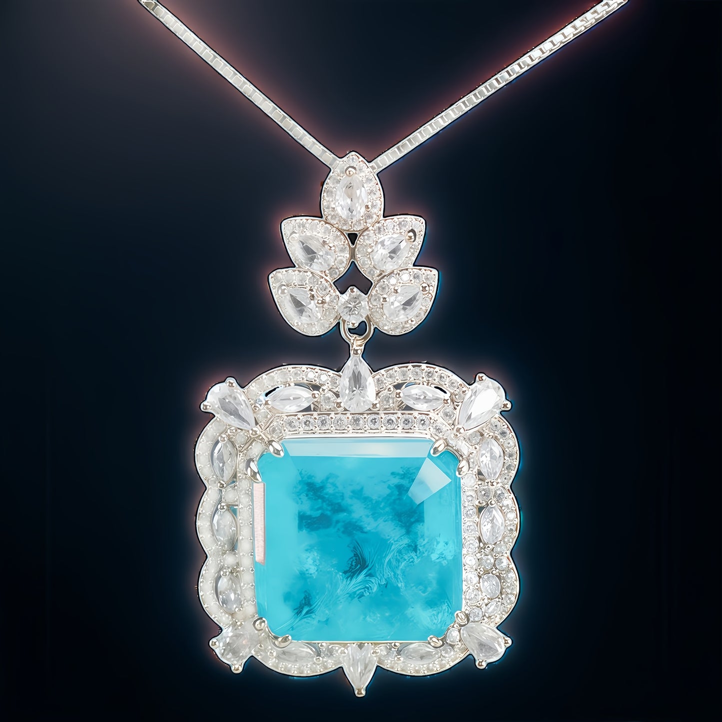 Square Cut Paraiba Blue CZ Multi-Shape Halo Pendant Necklace For Women, Copper Plated Silver Pear & Round White Cubic Zirconia Vintage Luxury Wedding Statement Jewelry Gift
