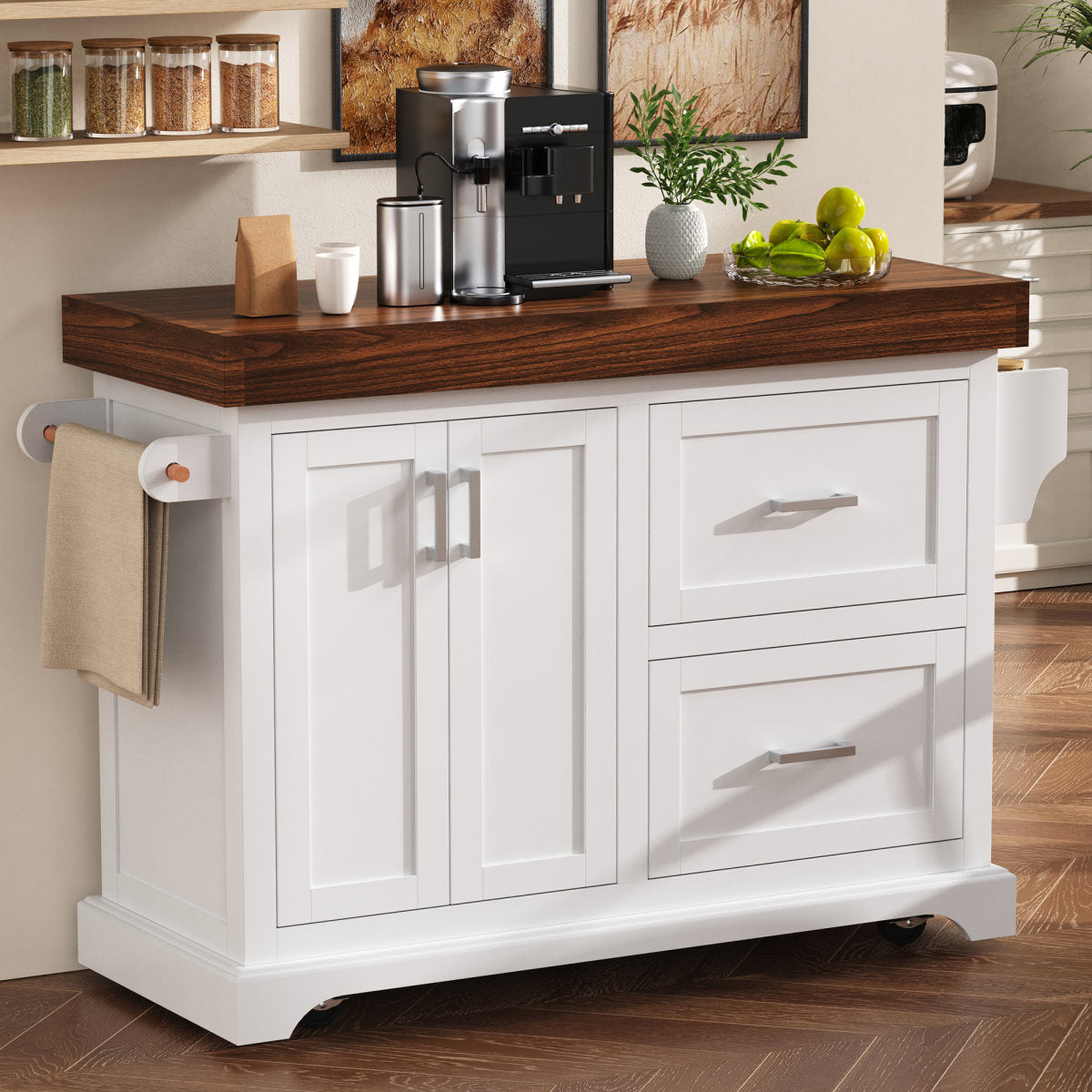 K&K 53  Large Kitchen Island With 3.5  Thick Desktop, Spice And Towel Racks, Rolling Kitchen Island With Storage On 5 Wheels, 2 Extra Large Drawers, For Home, Kitchen, Dining Room, White