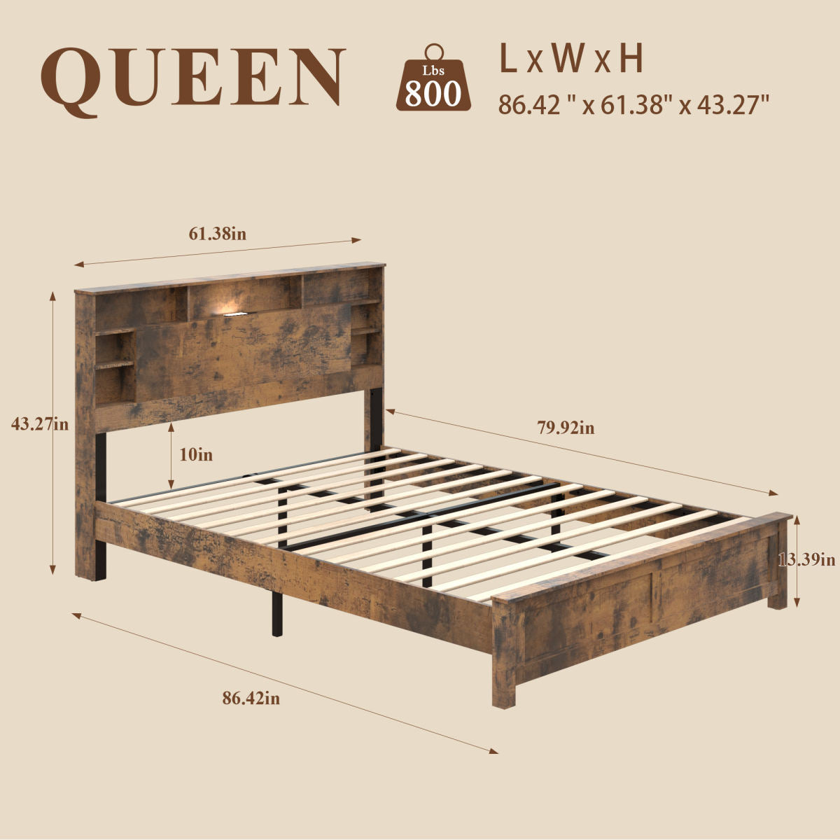 Queen Wood Bed Frame With Bookcase Headboard, Charging Station & LED, Dark Brown