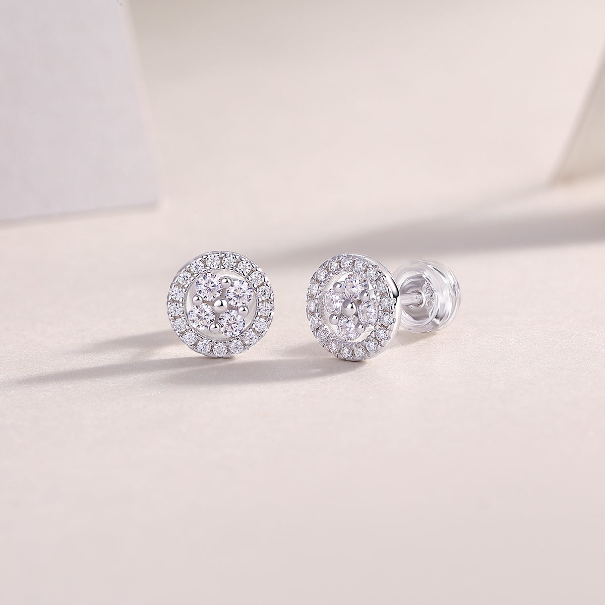 S925 Sterling Silver Round Halo Stud Earrings, D-VVS1 Moissanite Cluster, Platinum Plated 1.4g Women's Jewelry Gift Box