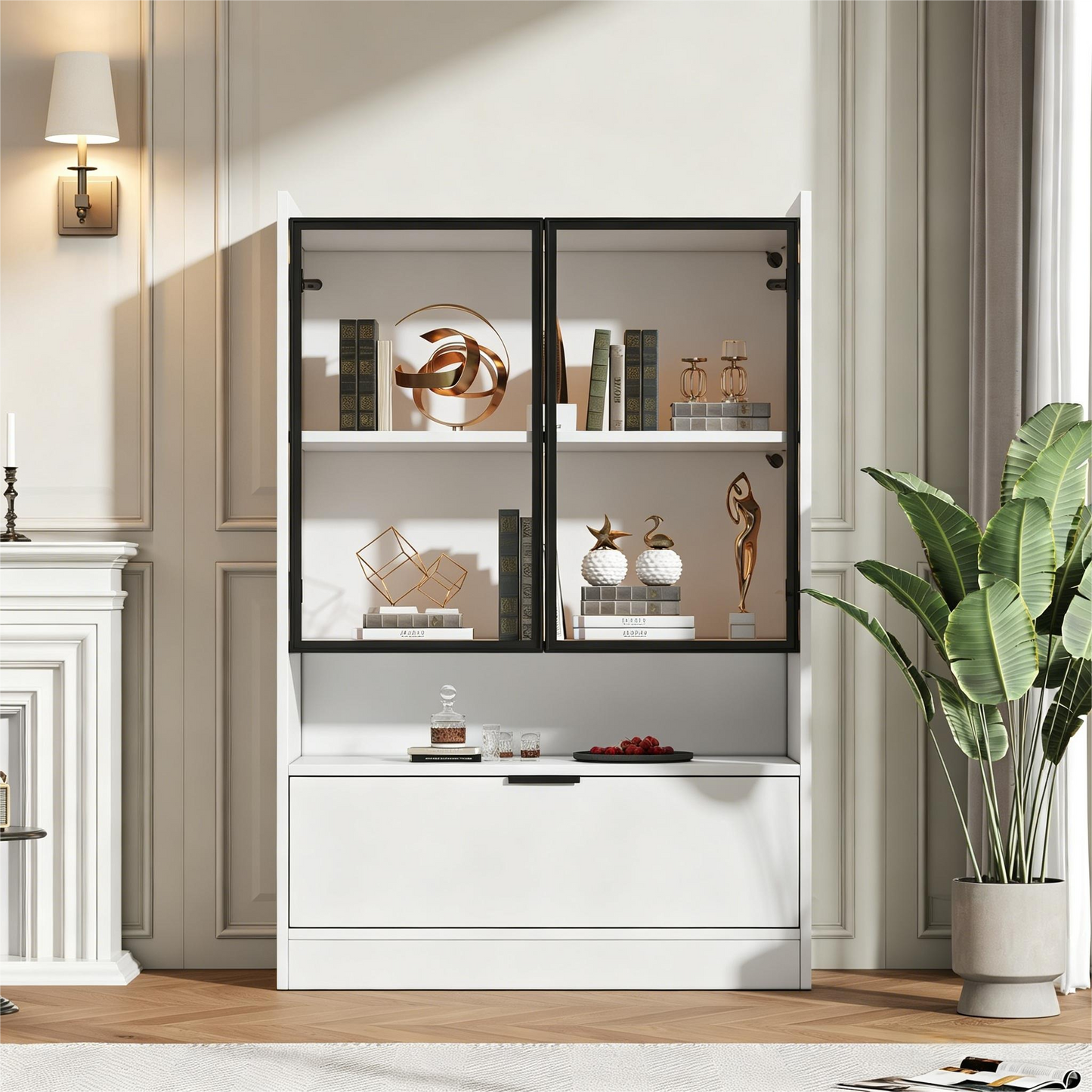 Modern LED Display Cabinet Matt Height 120cm With LED Lighting, Glass Display Cabinet Standing Display Case With Lighting, Living Room Cabinet With Glass Doors And Hinged Door, Particleboard Display C