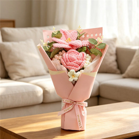Handmade Crocheted Flower Bouquet, Pink Roses Matched With Knitted Lilies And White Tiny Flowers, Soft Yarn Everlasting Knitted Bouquet, Indoor Home Decorative Ornament