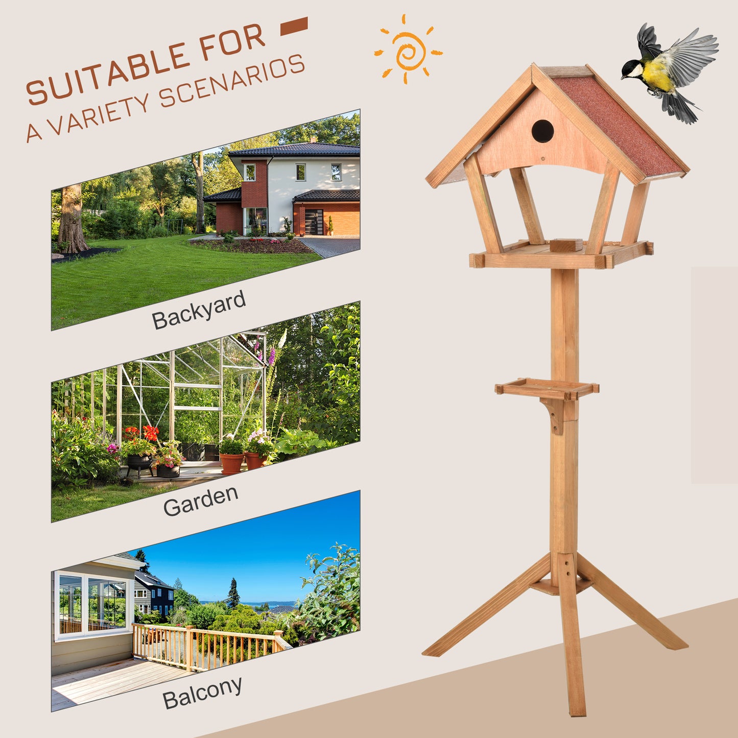 PawHut Wooden Bird Table Freestanding Feeding Station For Garden Outside ,139H Cm, Natural