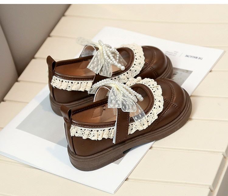 2026 Spring New Arrival Girls' Fashion Lace Trim Flat Shoes, Korean Style Bow Princess Shoes, Kids Fashion Leather Shoes