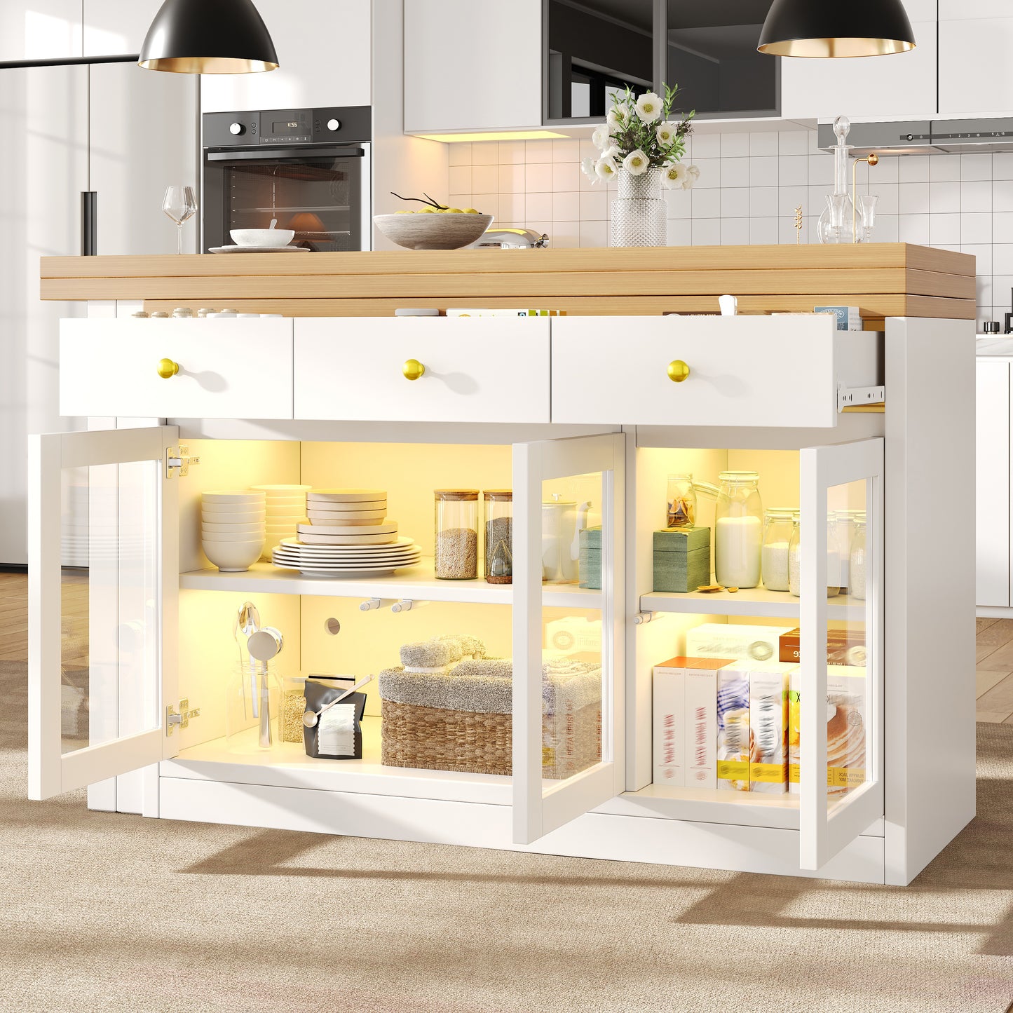 Extendable Kitchen Island With LED Lights, 120-200cm Adjustable Dining Table With Storage, 3 Drawers & Glass Cabinets, White Black