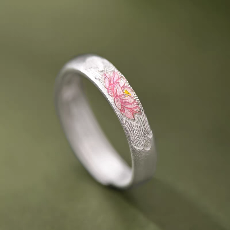 1pc 999 Sterling Silver Painted Lotus Open Ring, Fresh Chinese Style, Perfect For Daily, Dating & Gifting, Ideal Valentine's Gift