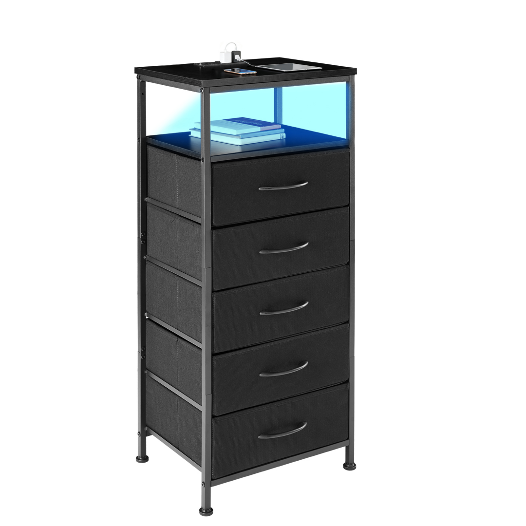 Nightstand With Charging Station, Bedside End Table With 5 Fabric Drawers & USB-Type-C Ports And Outlets