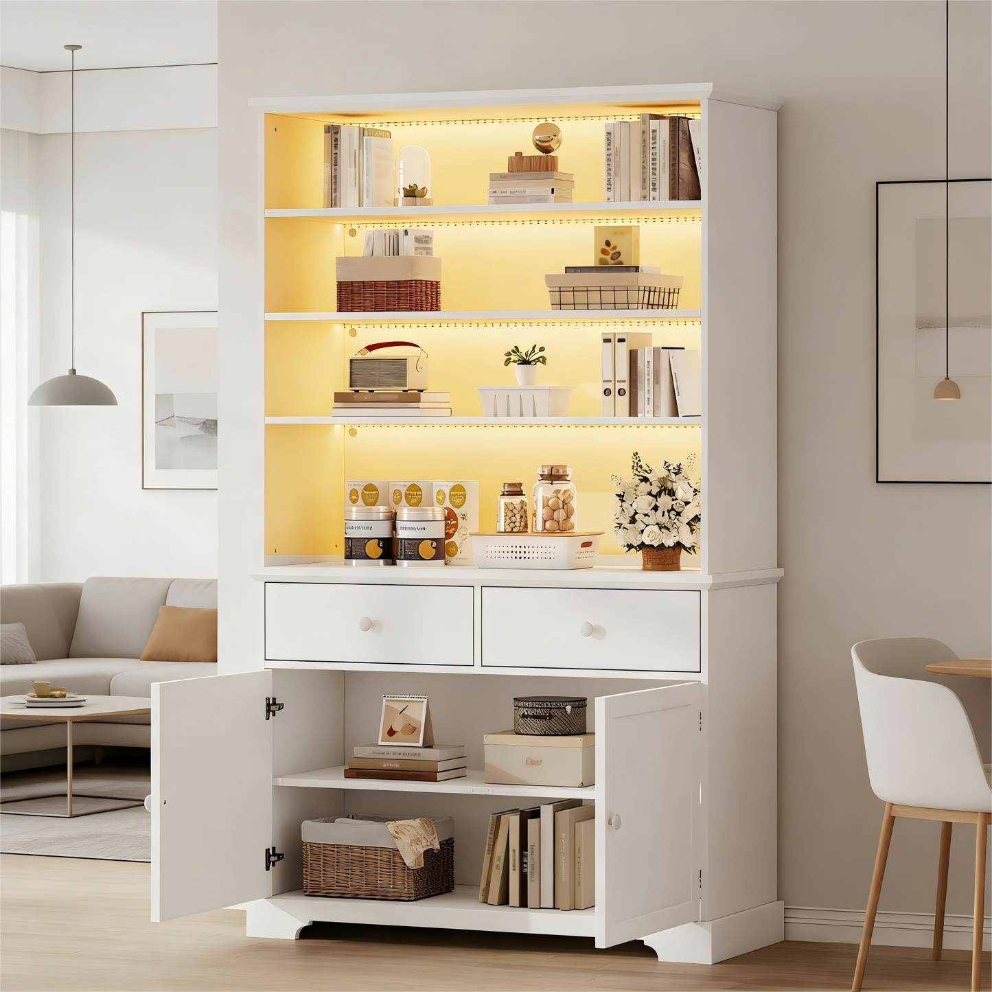 Display Cabinet, Freestanding Display Cabinet With 2 Cabinet Doors, Glass Display Cabinet With LED Lighting, Living Room Cabinet  Wide, Multifunctional Cabinet With 2 Drawers,