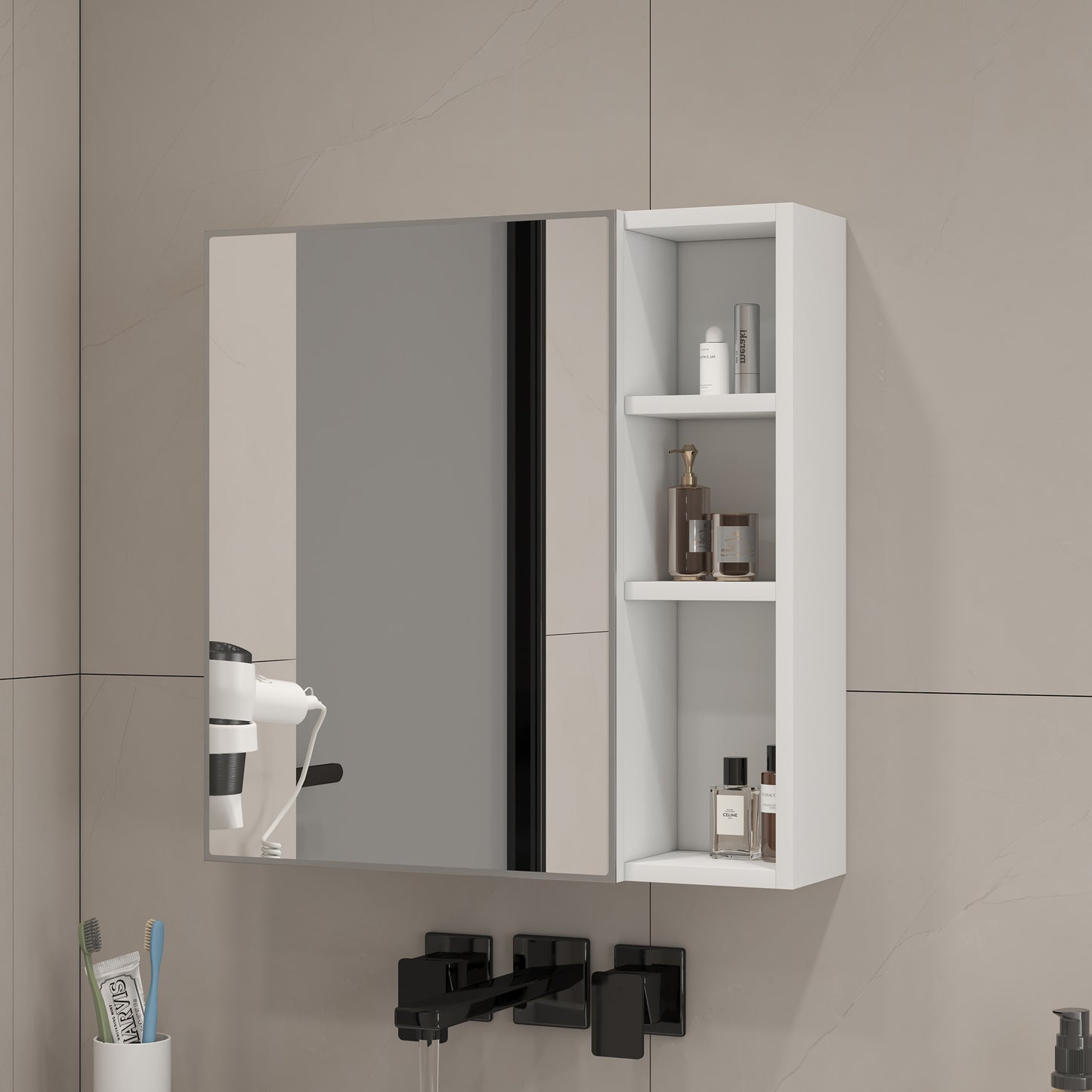 Simple Wall Mirror Cabinet 55 X56cm Wall Mounted, White HDF Board  Safety Mirror Glass Door, Divided Storage  Thickened HD Mirror, Great For Bathroom Makeup Room.