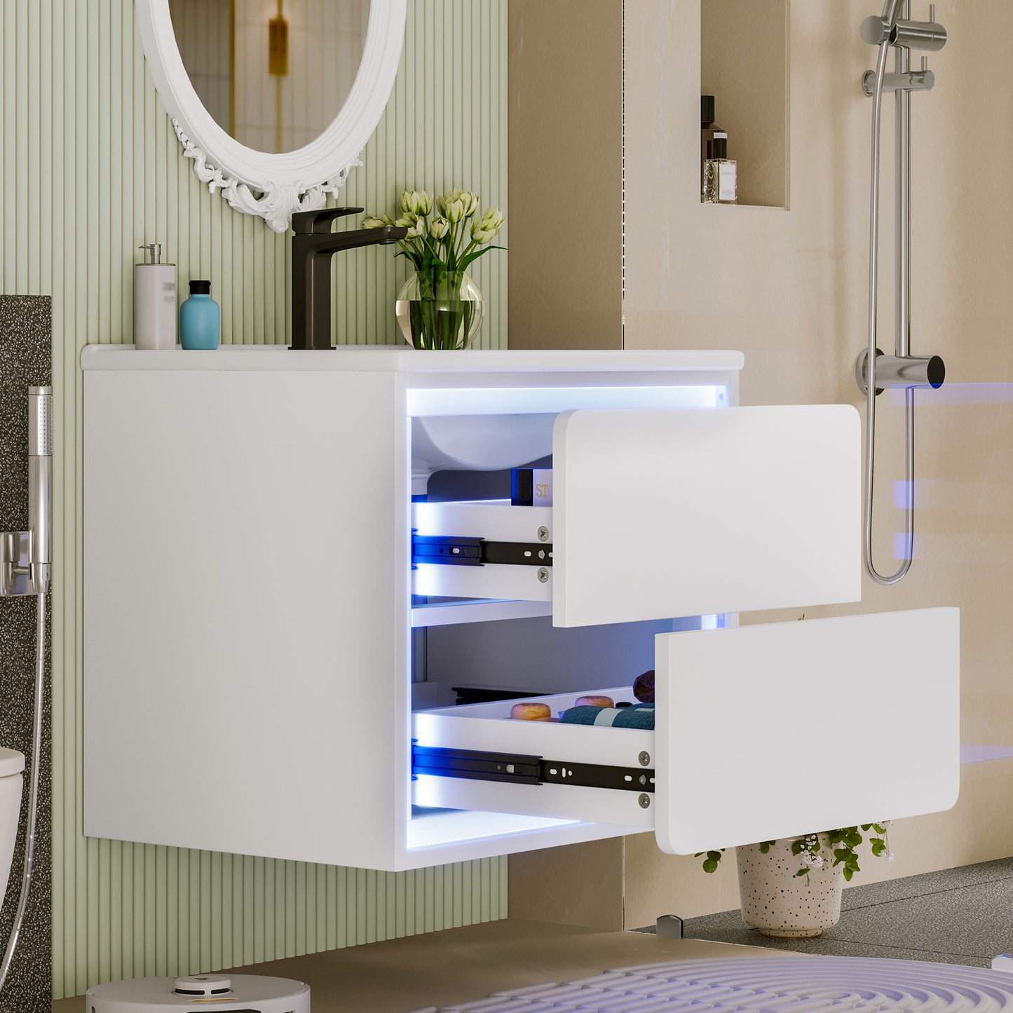 60x46x50cm Wall Mounted Bathroom Cabinets, Full Finish, LED  Sensor Lighting, Two Drawers, Quiet Slide Rails, Vanity Unit, Integrated Sink, White