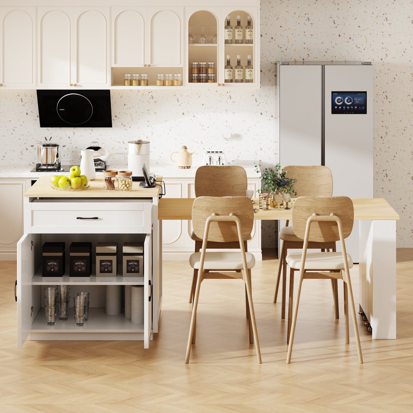 K&K 82.7 Inch Kitchen Island With Extendable Dining Table For 4 6 Person,Two Tone Kitchen Table With Double Sized Storage, Power Outlet, Kitchen Island With Storage 2 Drawers 2 Side Open Shelves,White