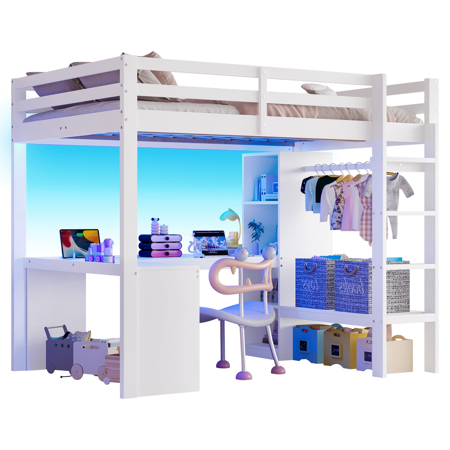 Loft Bed 140x200 With Multifunctional Shelves, Underbed Desk, LED Light And USB, White