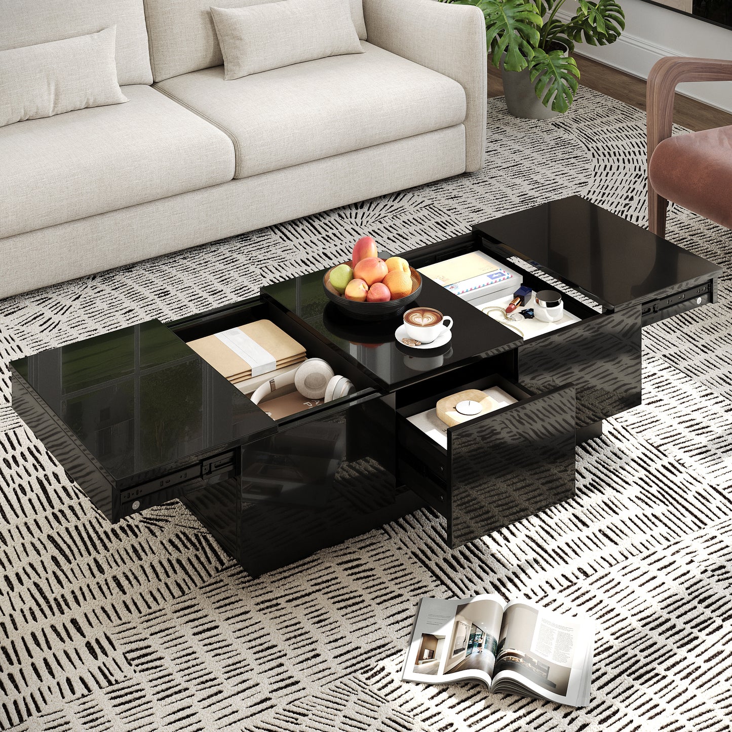 Modern Black High Gloss Coffee Table With Drawers And Sliding Compartment  Rectangular Living Room Table With Large Storage Space, Stylish Design And Easy-care Surface