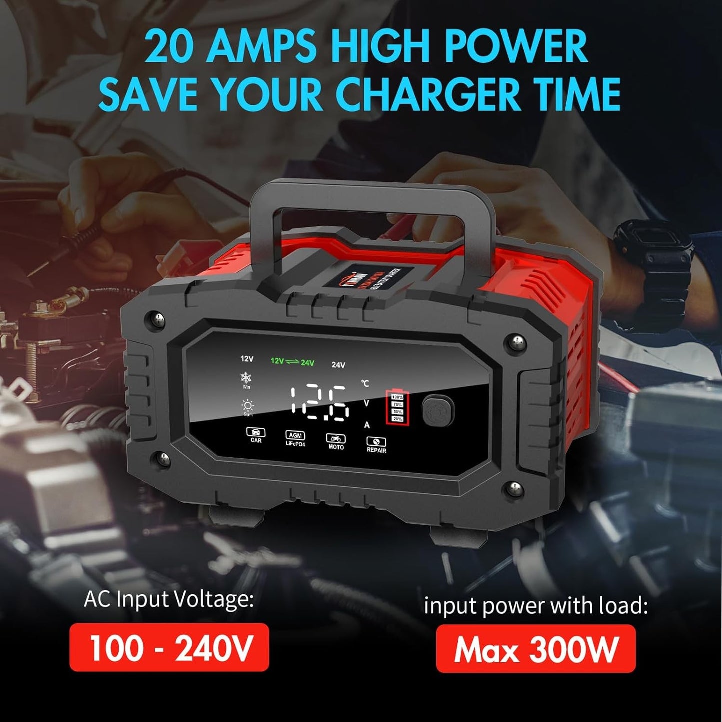 20A 12V 24V 20 Amp Car Battery Smart Charger For Lead Acid LiFePo4 AGM Battery