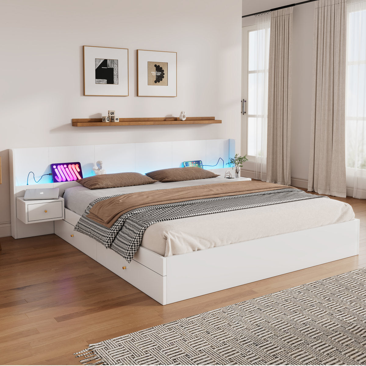 Double Bed 180X200cm, Double Bed, Wooden Bed, Youth Bed, With USB Interface, With LED Lighting And Socket, Controllable By Mobile APP, 2 Bedside Tables, With Drawer Shelf, Without Mattress, White