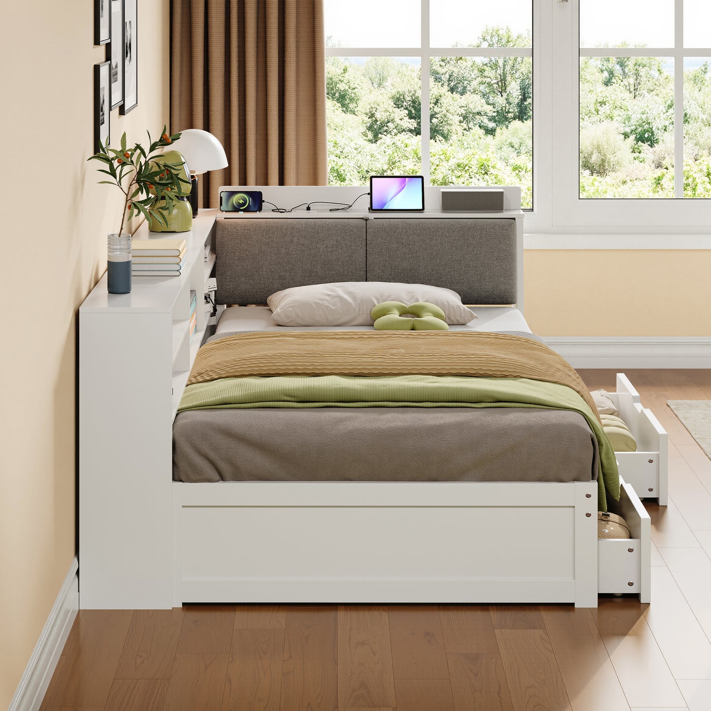 3ft Single L-Shape Daybed With Two Storage Drawers And Bookcase Storage, Linen Concealed Headboard Storage With Charging Station, Wood Bed For Living Room  Bedroom  Study Room, White  No Mattress
