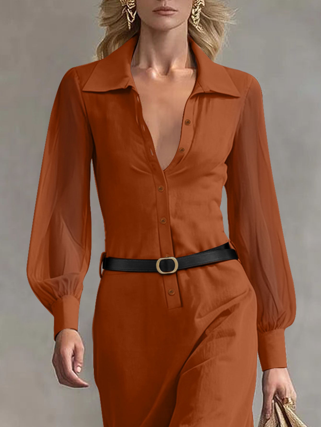 Women's Collared Neck Sheer Puff Sleeve Button Front Belted Maxi Shirt Dress Elegant Office Wear Maxi Dress