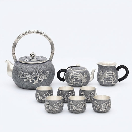 925 Sterling Silver Antique  Tea Set with Handcrafted Asian Artistry and Intricate Floral Phoenix Designs - Handicraft
