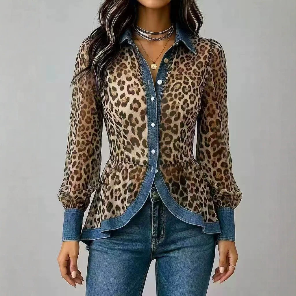 New Womens Leopard-Print Patchwork Denim Long-Sleeve Shirt