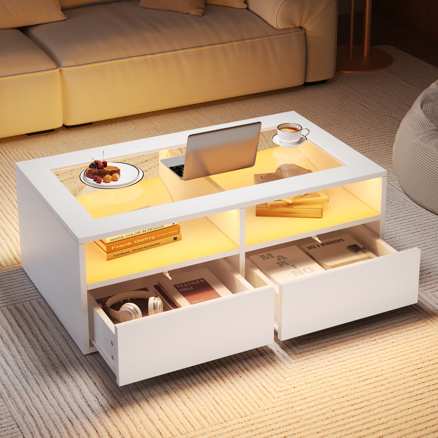 100x50x35cm Coffee Table With LED Light, Sofa Table With 2 Drawers, Glass Living Room Table, Tea Table Double Layer Design, Open Storage Space, Living Room Side Table, White
