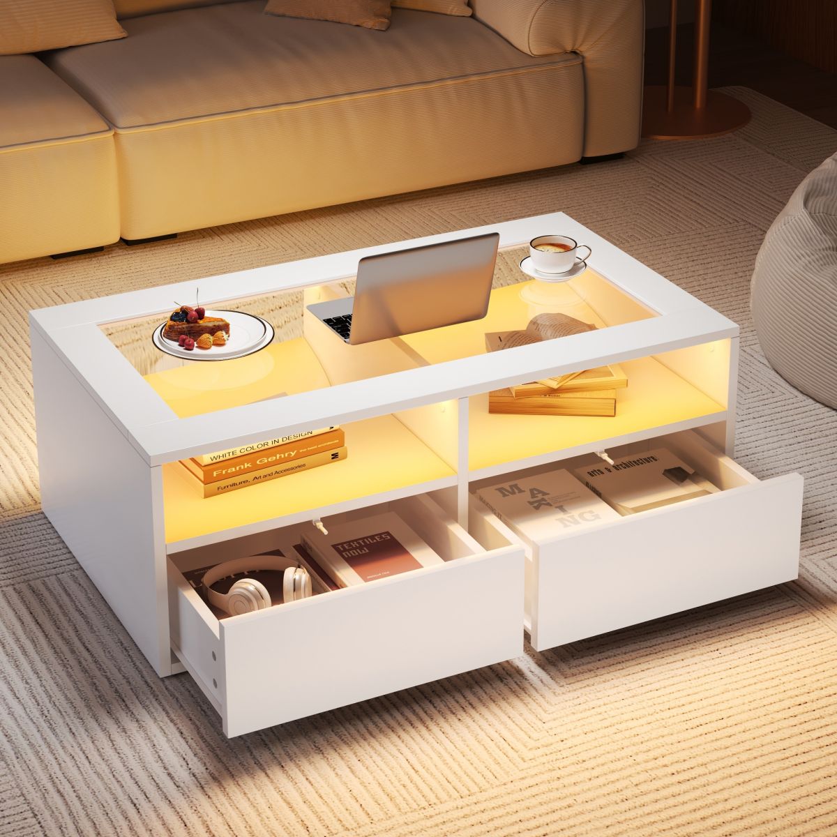 100x50x35cm Coffee Table With LED Light, Sofa Table With 2 Drawers, Glass Living Room Table, Tea Table Double Layer Design, Open Storage Space, Living Room Side Table, White