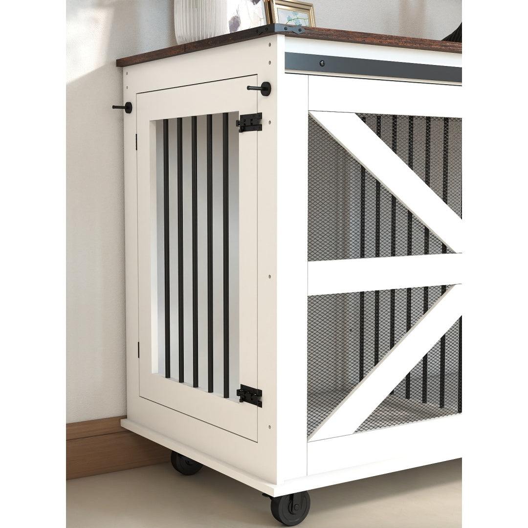 47.2 Mobile Dog Crate With Flip-Top Feeding Door, Dual-Access & 5 Caster System 2 Locking, Side Hooks - Multi-Functional Pet Kennel,double Dog Crate Furniture