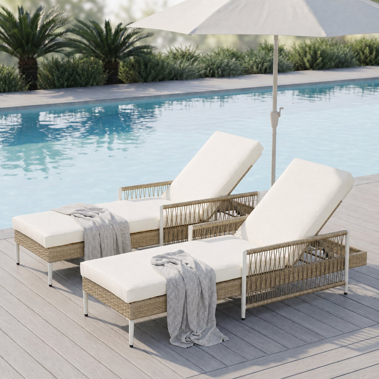 TOPMAX Outdoor All-Weather PE Rattan Chaise Lounge, Minimalist Patio Wicker Lounge Chair With 6 Gear Adjustable Recliner, Arms And Cushion For Poolside, Deck, Set Of 2, Beige
