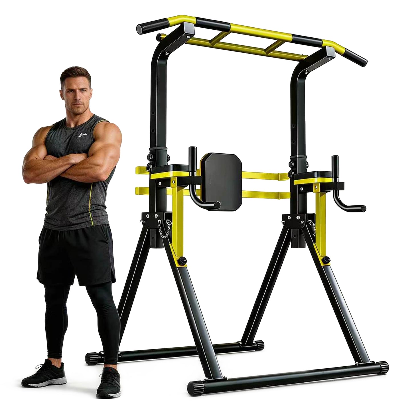 Power Tower Pull Up Bar Station, 10-Level Adjustable Height Dip Station, Heavy-duty Frame Structure,Multi-Functional Home Gym Strength Training Equipment