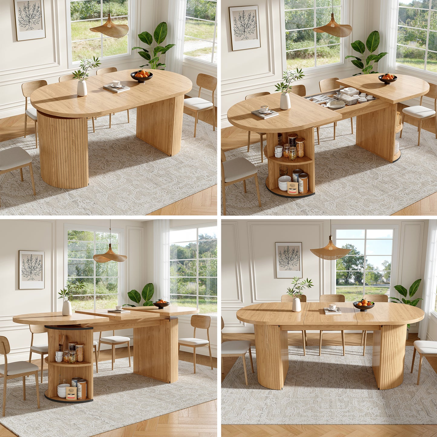 Extendable Dining Table With Hidden Storage Compartment, Thickened Tabletop For High Stability, Flexibly Adaptable For Small Spaces, Kitchen, Study And Living Room, Natural Brown