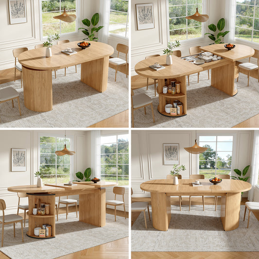 Extendable Dining Table With Hidden Storage Compartment, Thickened Tabletop For High Stability, Flexibly Adaptable For Small Spaces, Kitchen, Study And Living Room, Natural Brown