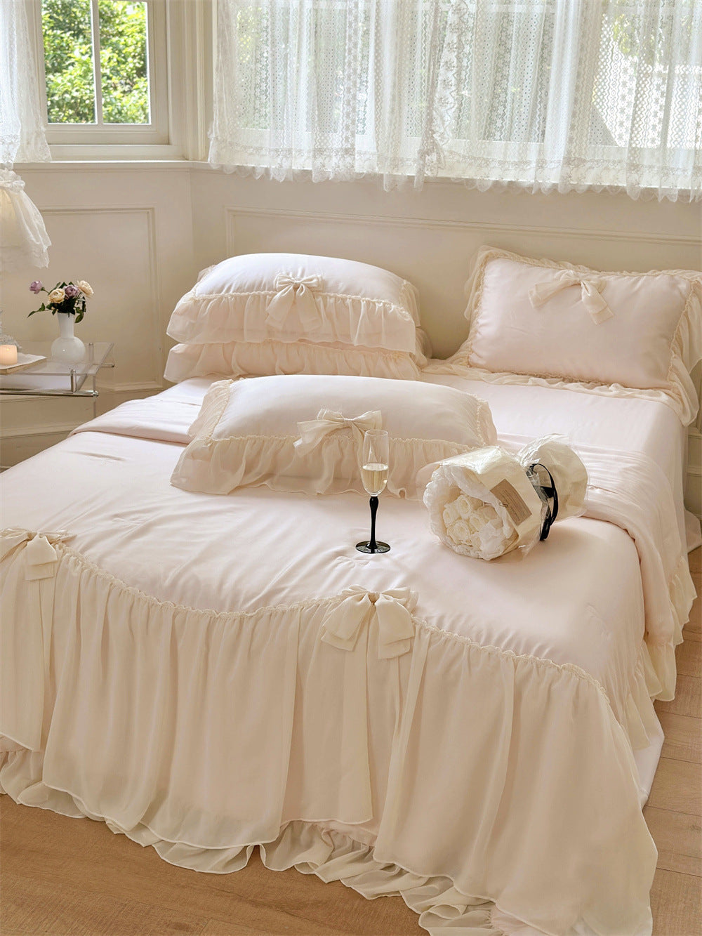 Pure Color Ruffles Princess Style Summer Quilt Tencel Summer Cooling Duvet Airable Cover Four-piece Set