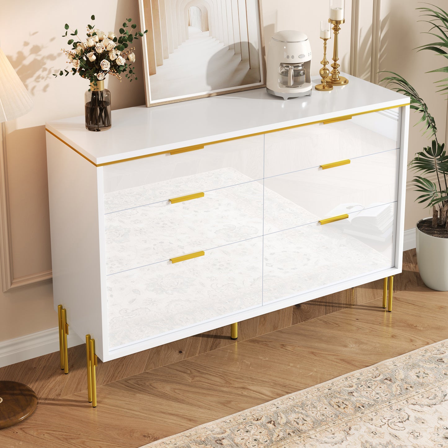 Modern Sideboard Cabinet With 6 Drawers In White And Gold, High-gloss Fronts, Large Storage Space For Living Room, Dining Area & Hallway, Stylish Storage Furniture For Organized Organization