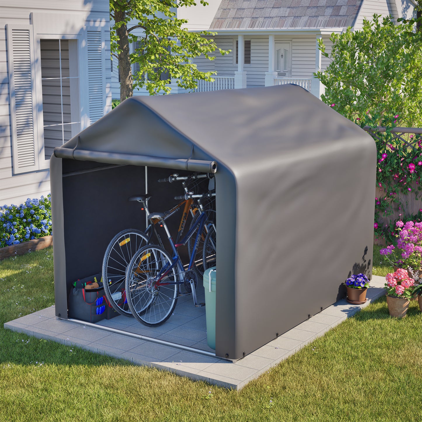 Grey Bicycle Garage 160x220x165 Cm With Roller Door Waterproof PE Weatherproof Outdoor Shed For Bicycle, Garden Tools - Ideal For Garden, Terrace & Yard