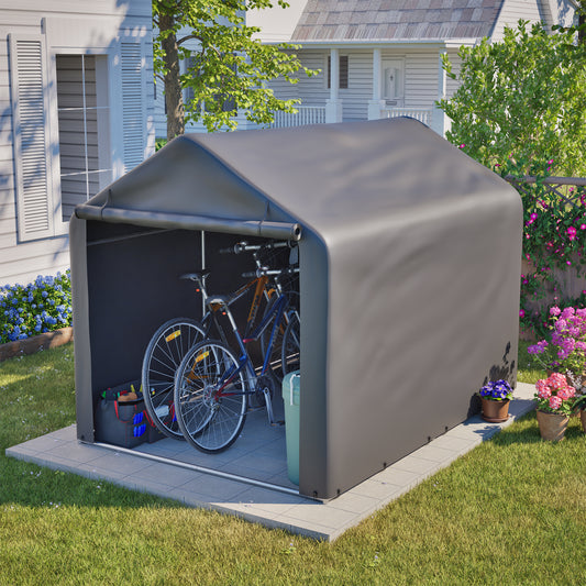 Grey Bicycle Garage 160x220x165 Cm With Roller Door Waterproof PE Weatherproof Outdoor Shed For Bicycle, Garden Tools - Ideal For Garden, Terrace & Yard