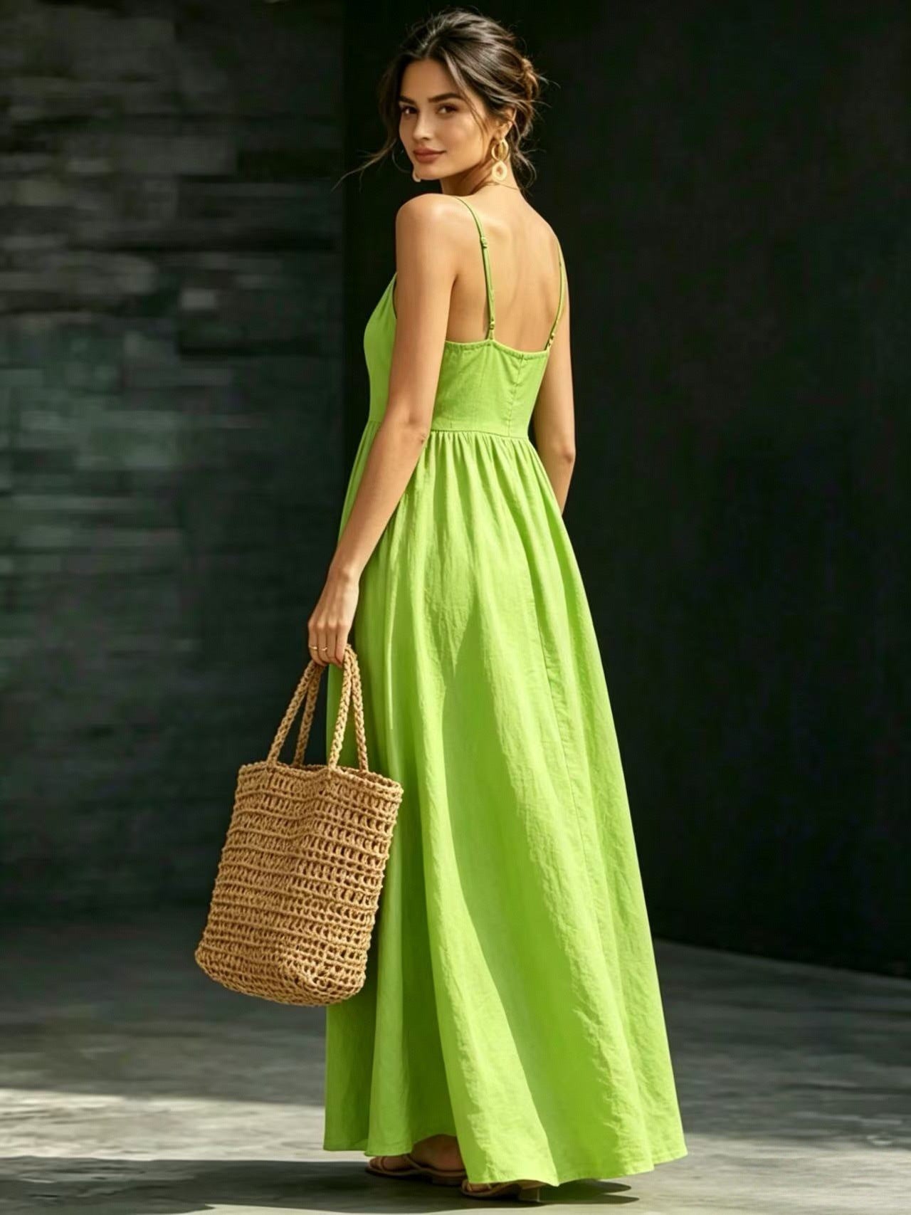Summer V-Neck Spaghetti Strap Maxi Dress With Pockets - Elegant Vacation & Office Wear For Women