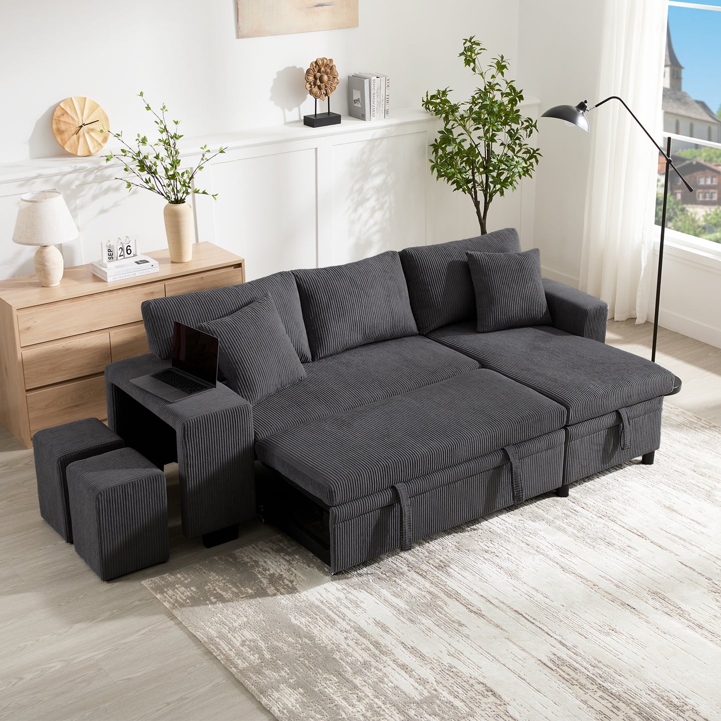 Folding Sofa With Sleeping Function, L-shaped Convertible Corner Sofa With USB Charging Port And Cushions, 3-seater Convertible Sofa With Side Shelves And Storage Space