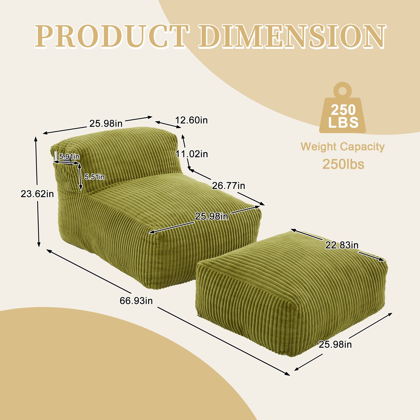 Big Bean Bag Chair For Adults,Lounger Large Bean Bag Sofa, Memory Foam Filled Beanbag Chair For Living Room, Bedroom, Balcony,Comfy Corduroy Bean Bag Chair With Ottoman,Ergonomic Support & Premium Com