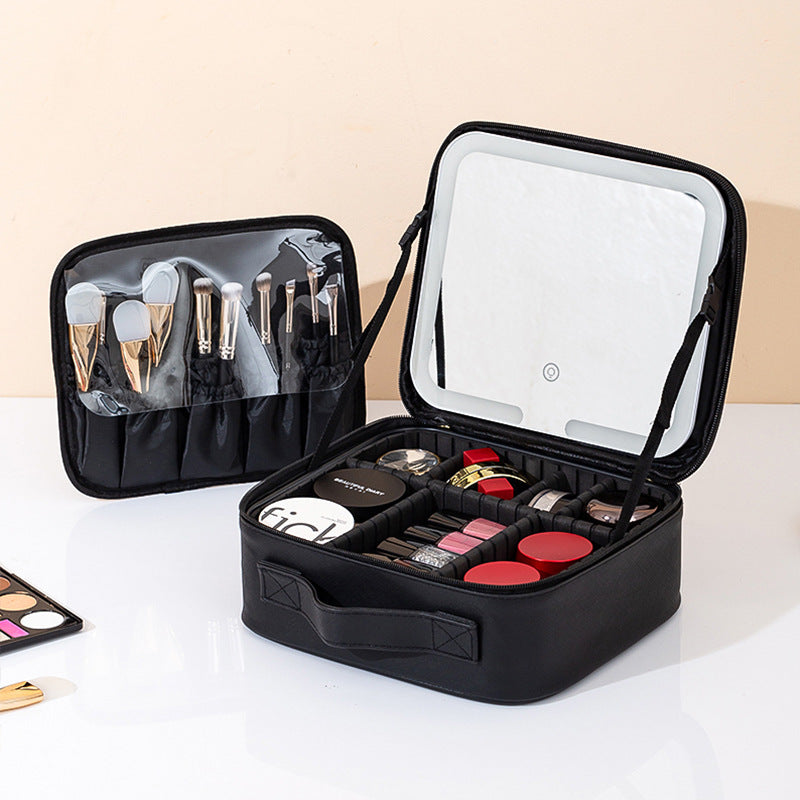 Makeup Bag With Mirror And Light Rechargeable PU Leather Travel Storage Box